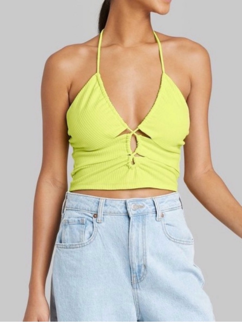 Lace-Detail Lime Halter Crop Top - Women